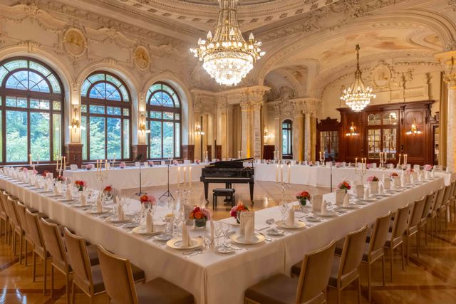 Heritage evening in the Sandoz ballroom at Beau-Rivage Palace in Lausanne - traditional banquet dinner with music and original menus
